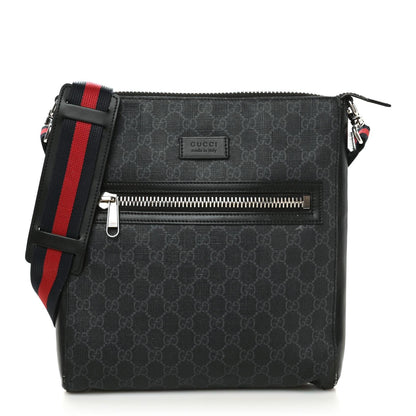 Gucci GG Supreme Monogram Appia Calfskin Web Flat Messenger Bag Black Grey 1 of 11
