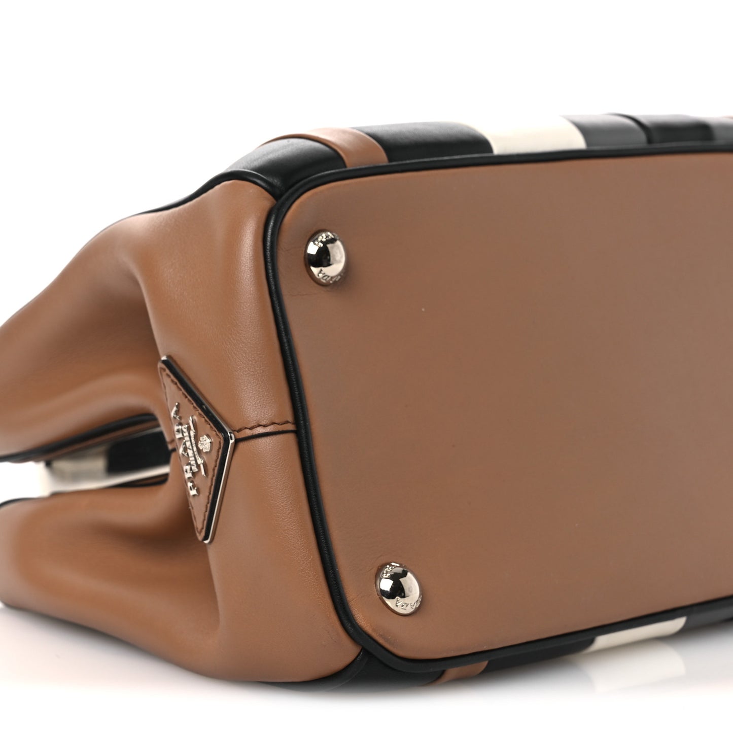 Calfskin Baiadera Striped Frame Bag Caramel Black White