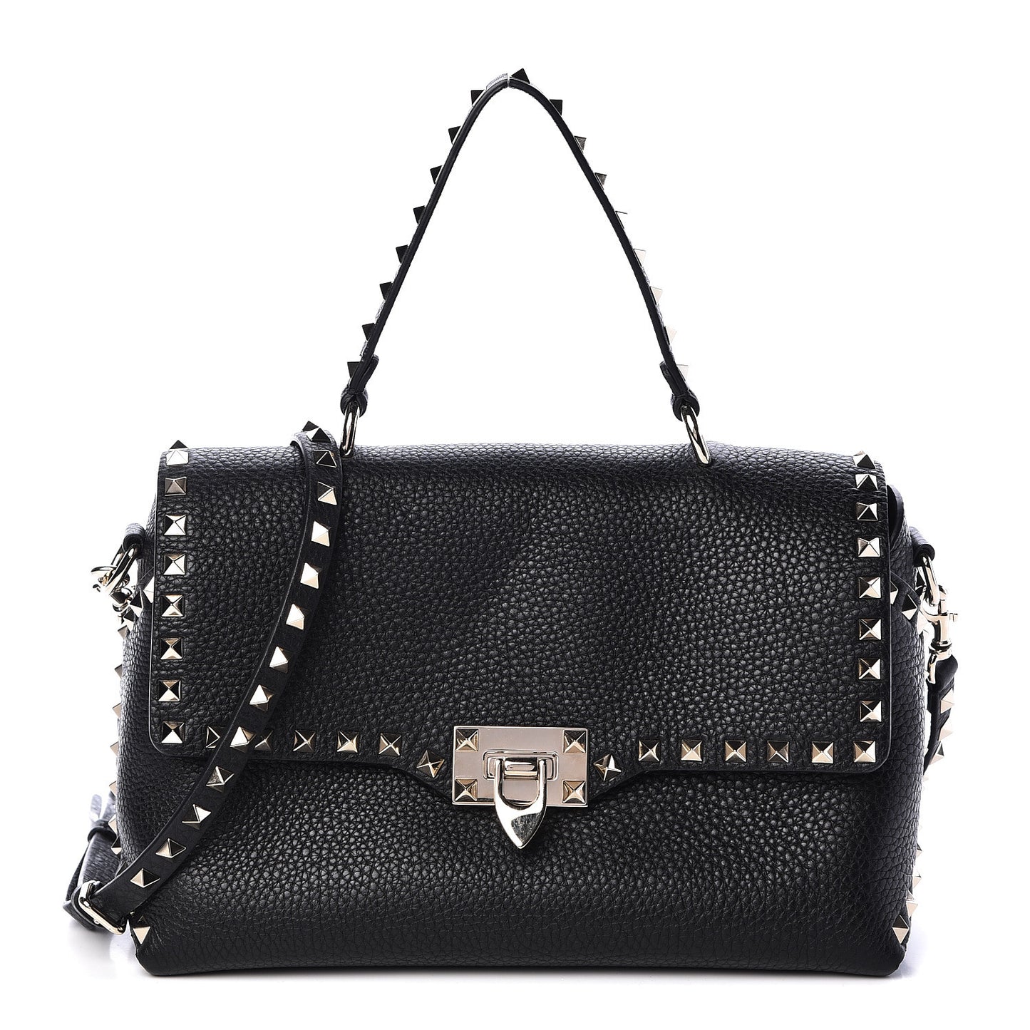 Pebbled Calfskin Rockstud Single Handle Flap Bag Black