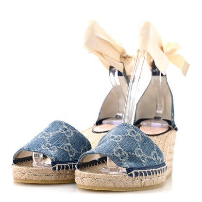 Gucci New Denim GG Monogram Pilar Ankle Wrap Espadrille Wedge Sandals 37 Light Blue 4 of 11