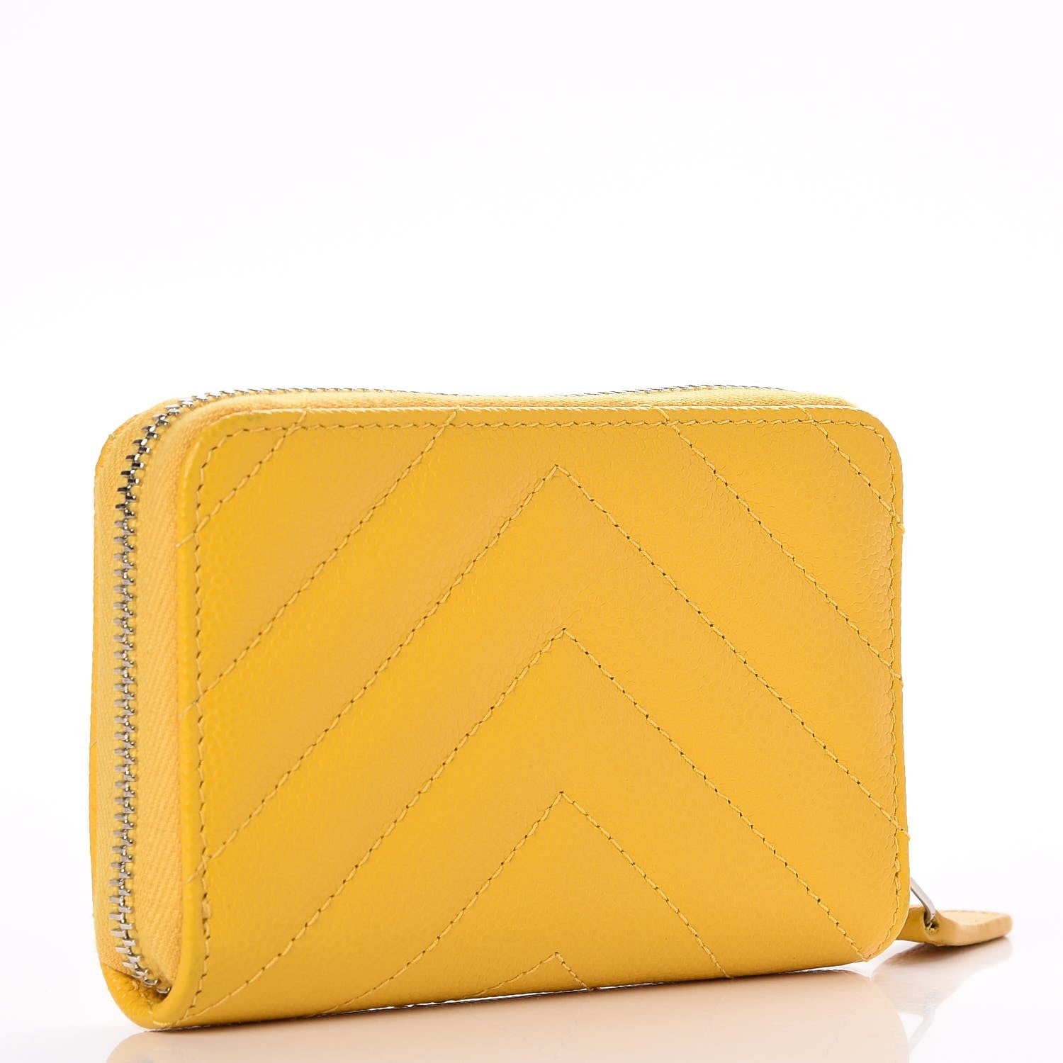 Chanel Caviar Chevron Quilted Zip Coin Purse Yellow 3 of 7