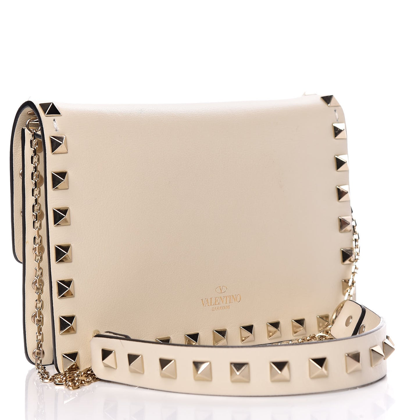 Vitello Mini Rockstud Flap Wallet on Chain Ivory