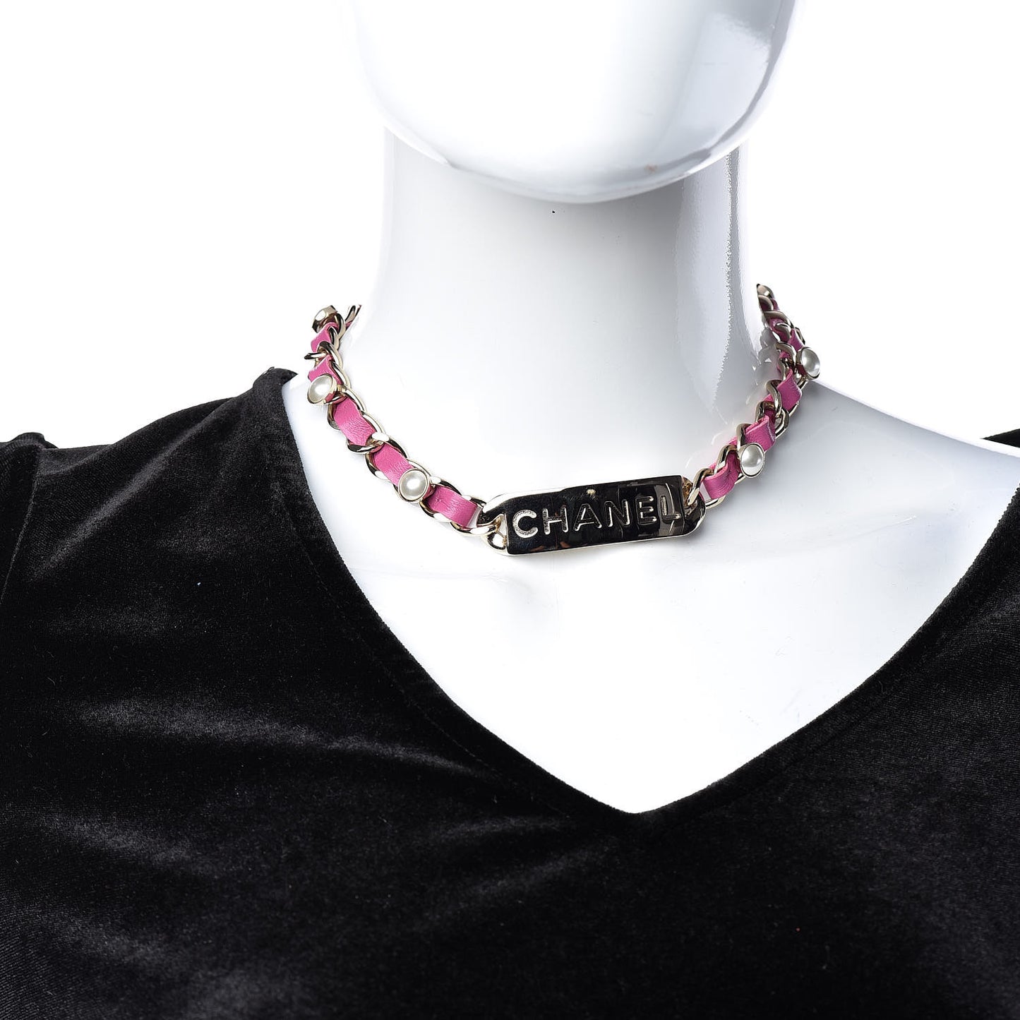 Metal Lambskin Pearl Name Plate Choker Necklace Pink Gold
