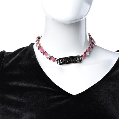 Chanel Metal Lambskin Pearl Name Plate Choker Necklace Pink Gold 2 of 5
