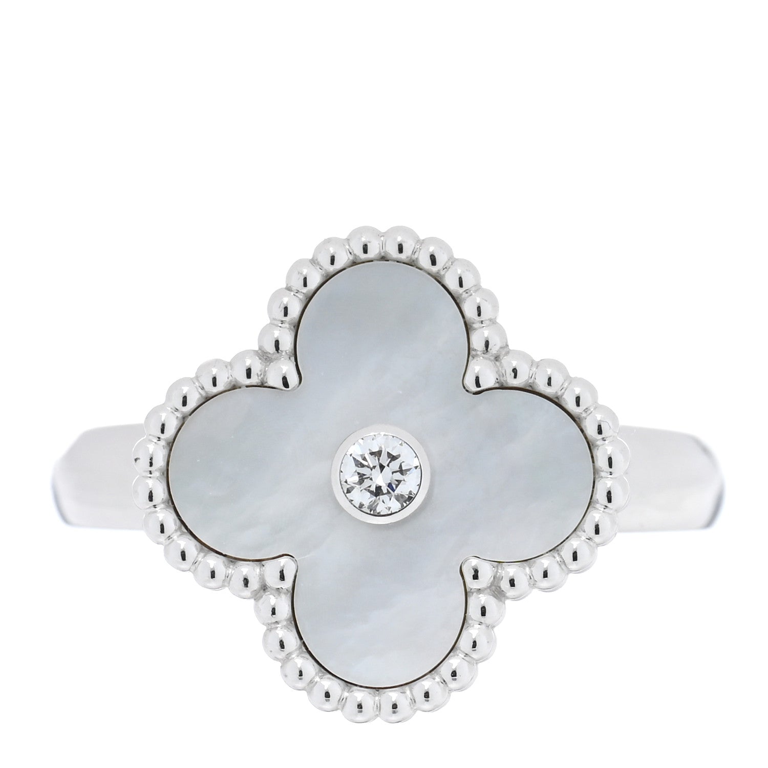 Van Cleef & Arpels 18K White Gold Diamond Mother of Pearl Vintage Alhambra Ring 53 6.25 1 of 5