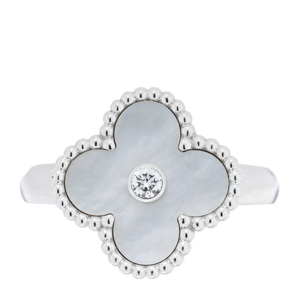 Van Cleef & Arpels 18K White Gold Diamond Mother of Pearl Vintage Alhambra Ring 53 6.25 1 of 5