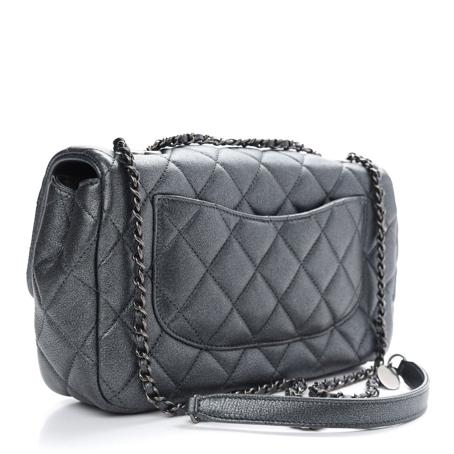 Metallic Calfskin Quilted Medium CC Eyelet Flap Dark Silver