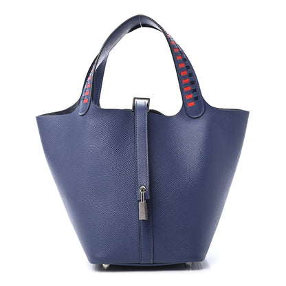 Hermes Epsom Tressage De Cuir Picotin Lock 18 PM Bleu Brighton Capucine Bleu Saphir 1 of 9