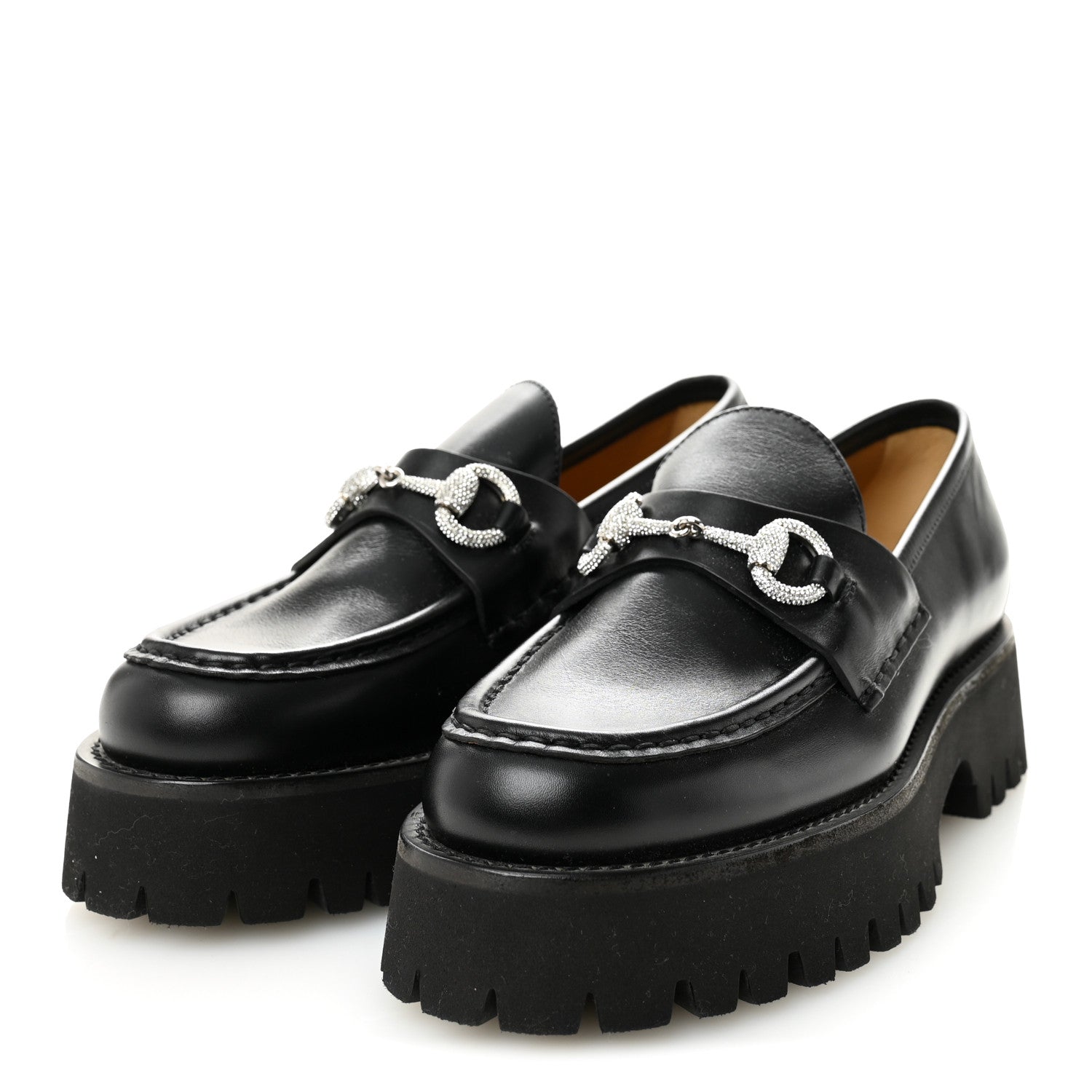 Gucci Calfskin Crystal Womens Horsebit Platform Lug Sole Loafers 37.5 Black 3 of 10