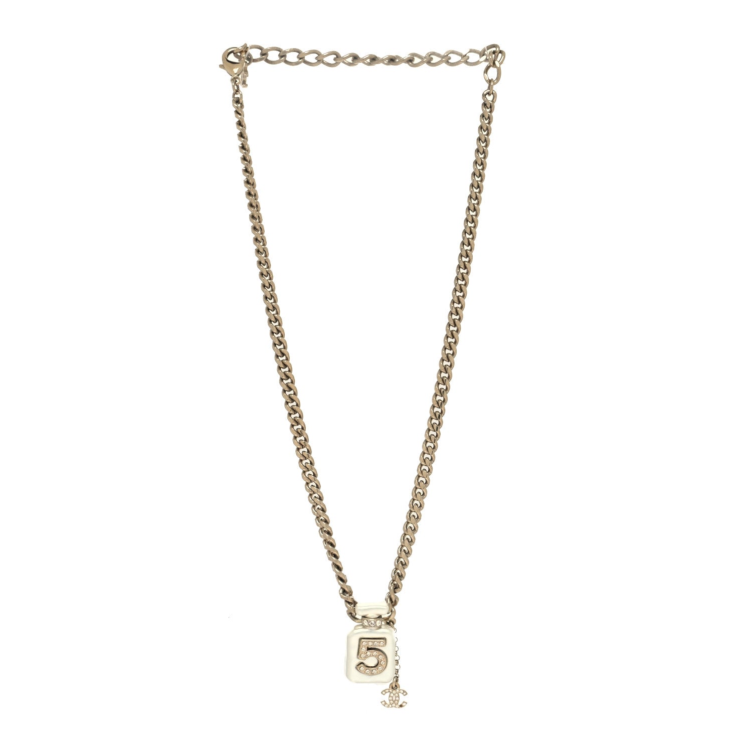 Chanel Crystal Pearl CC No. 5 Perfume Bottle Necklace White Gold 3 of 6