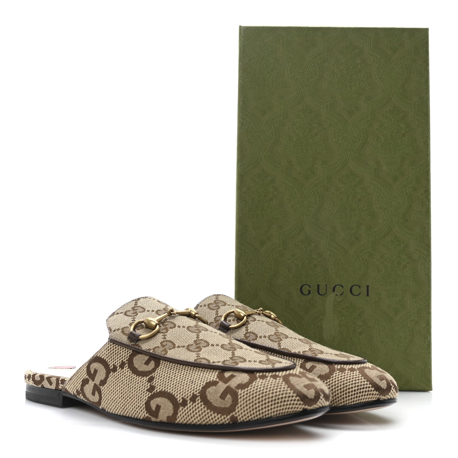 Gucci Monogram Jumbo GG Malaga Kid Womens Princetown Slippers 38.5 Camel Ebony New Acero Beige 10 of 10