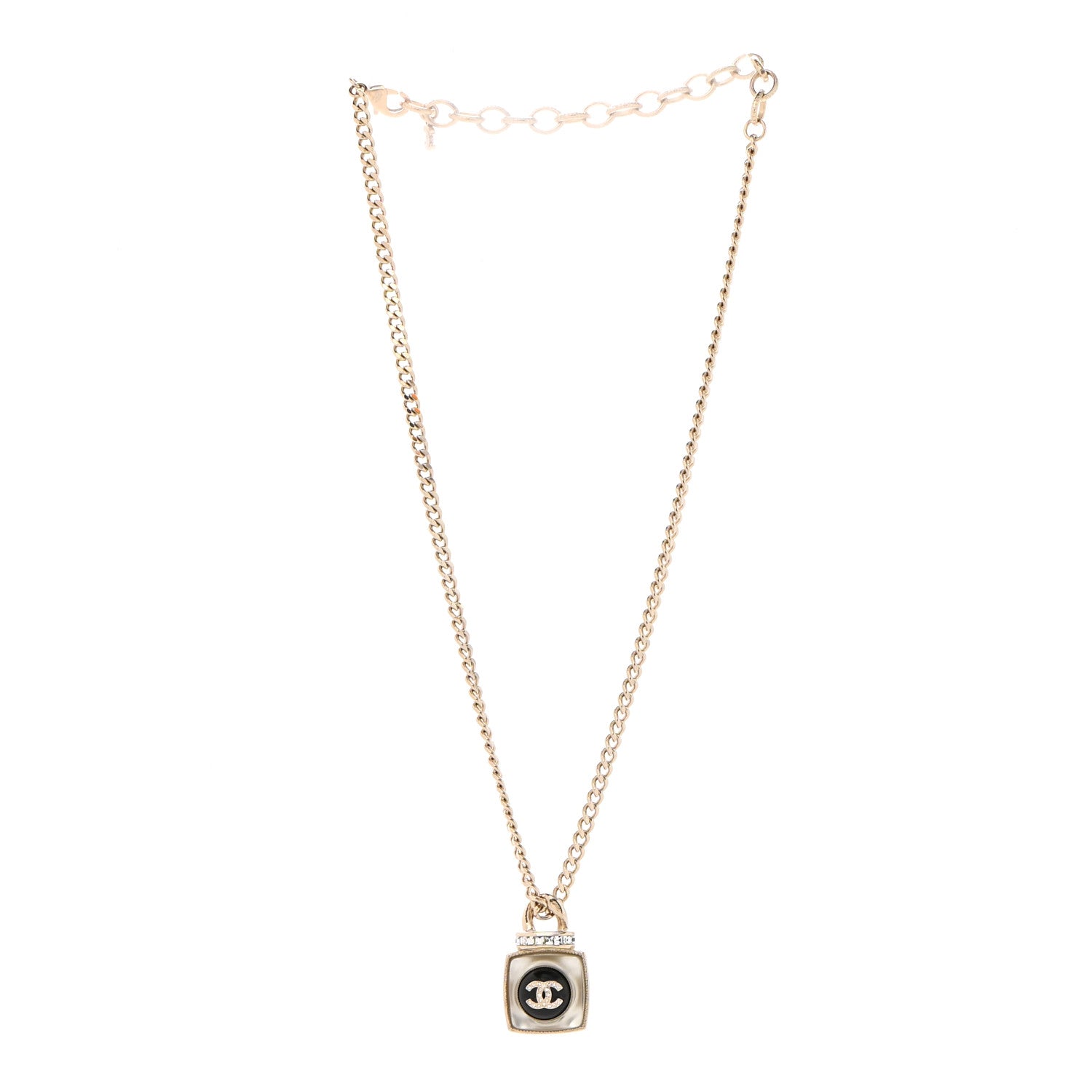 Chanel Crystal Resin CC Perfume Bottle Necklace Gold 3 of 5