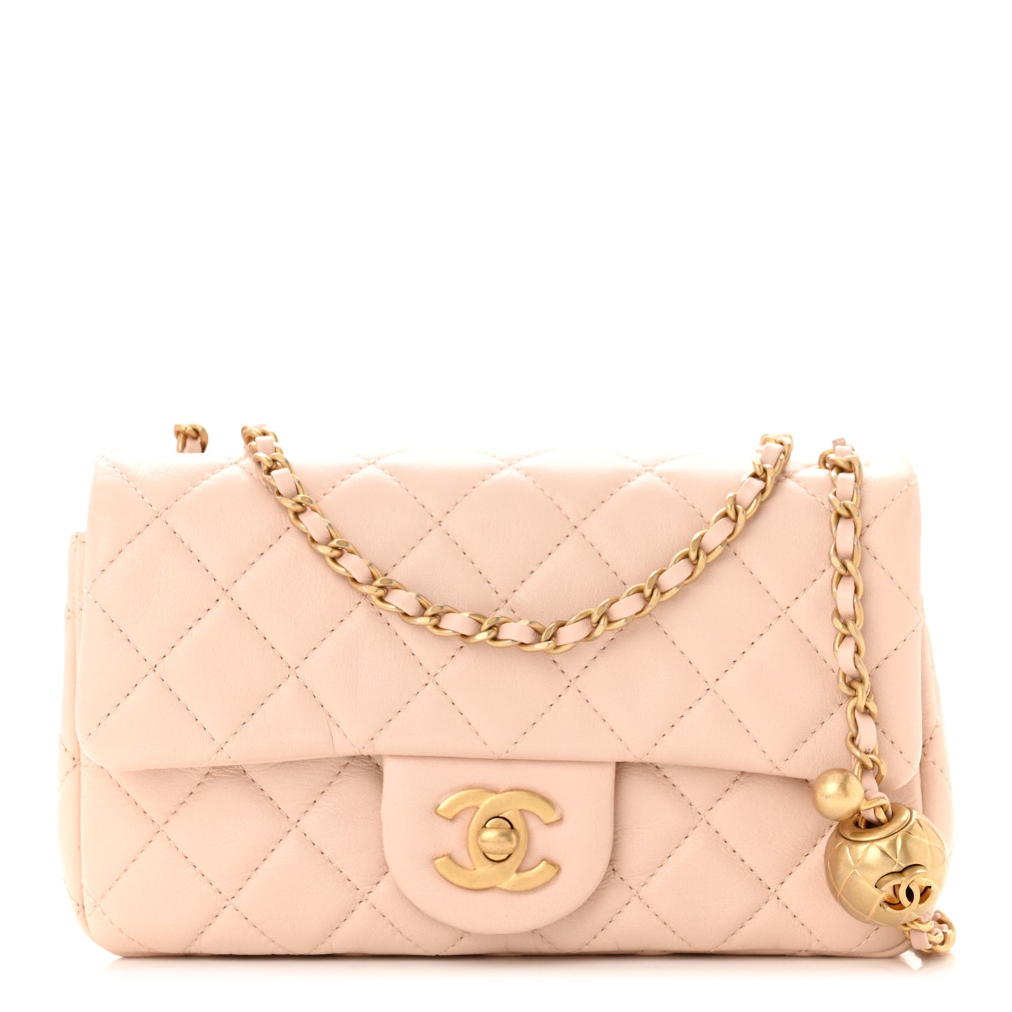 Lambskin Quilted Mini Pearl Crush Rectangular Flap Light Beige