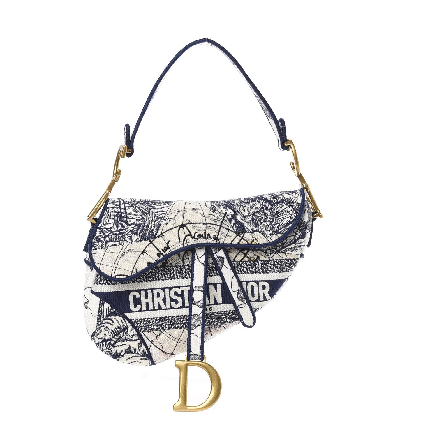 Christian Dior Canvas Embroidered Around the World Saddle Bag Blue 1 of 12