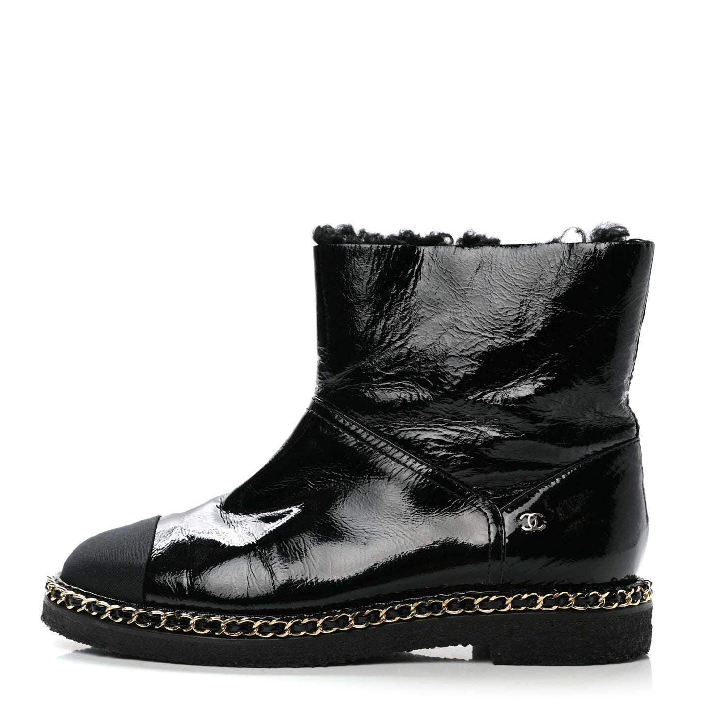 Crumpled Calfskin Shearling Womens Cap Toe Chain Short Boots 39 Black