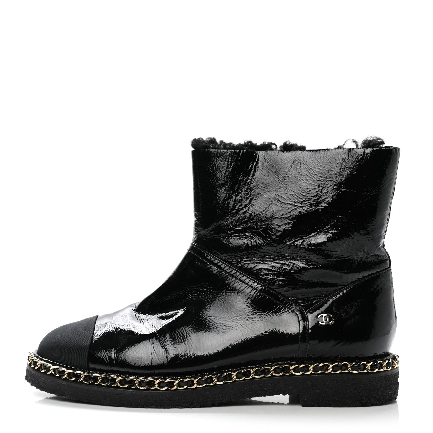 Chanel Crumpled Calfskin Shearling Womens Cap Toe Chain Short Boots 39 Black 1 of 8