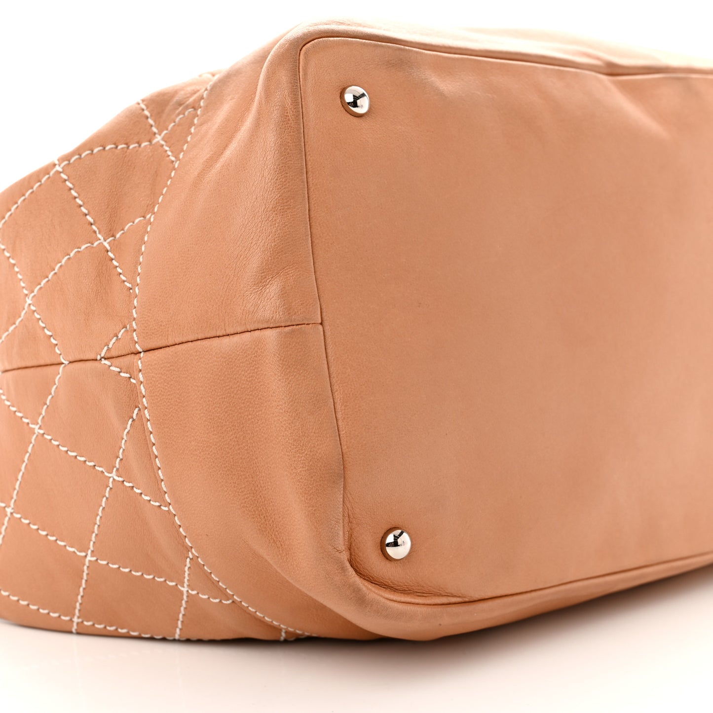 Lambskin Contrast Stitch Large Drawstring Tote Dark Beige