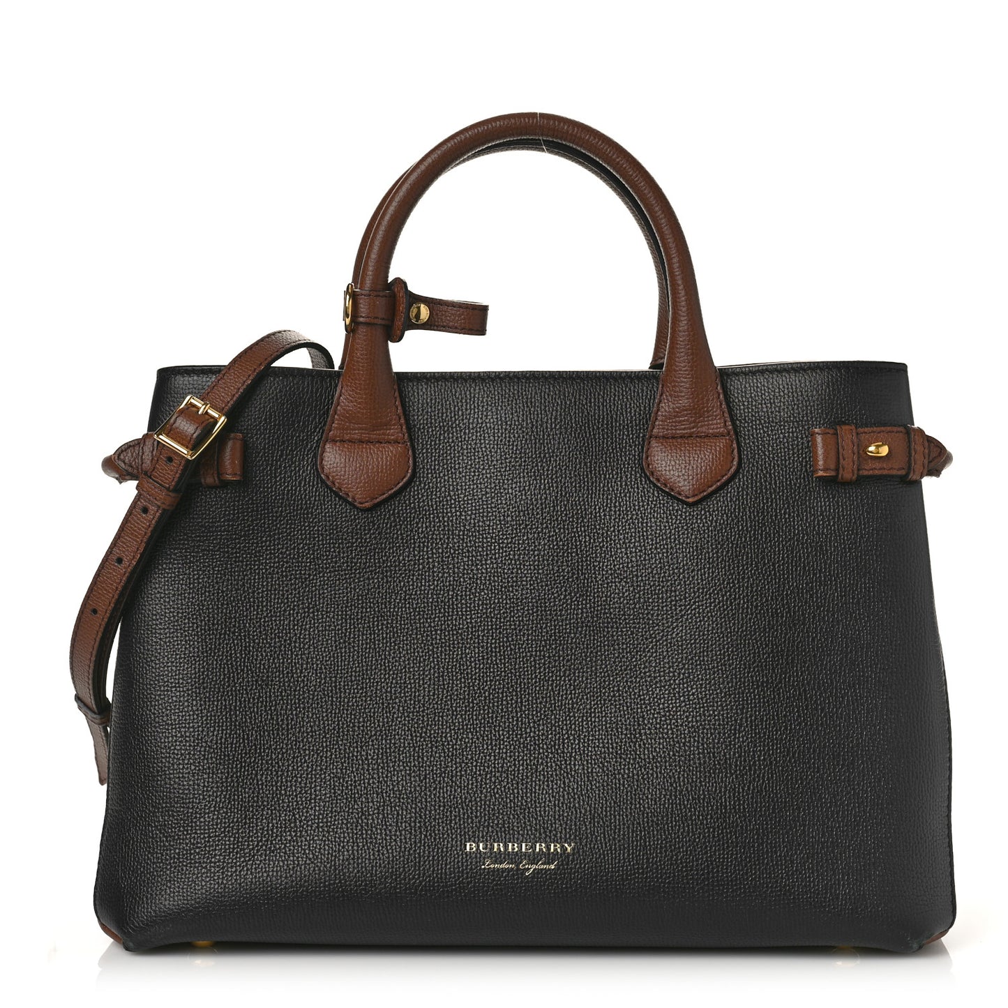 Grainy Calfskin House Check Two Tone Medium Banner Tote Black Brown