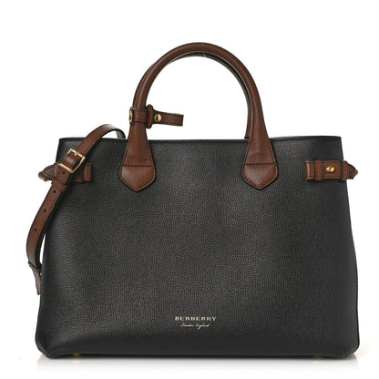 Burberry Grainy Calfskin House Check Two Tone Medium Banner Tote Black Brown 1 of 11
