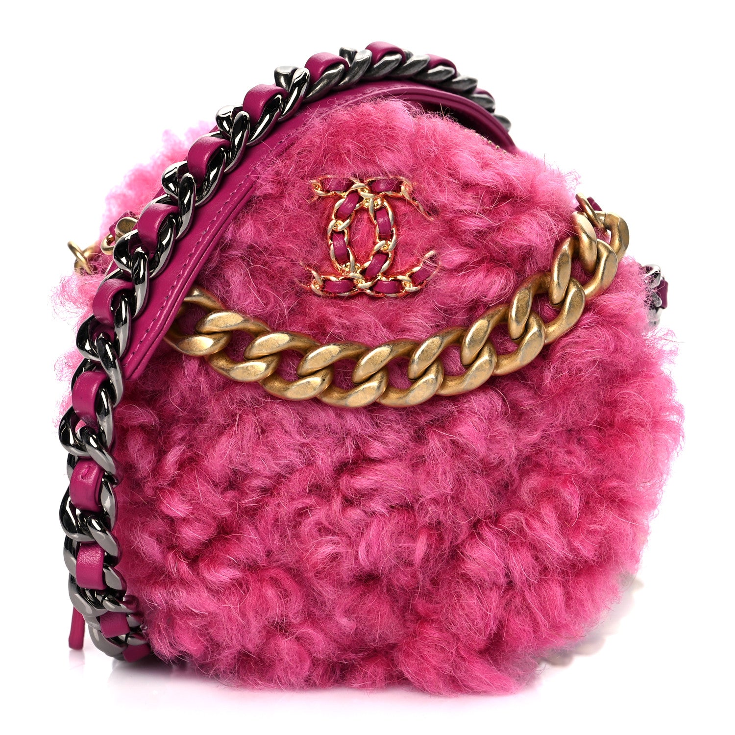 Chanel Shearling Sheepskin Chanel 19 Round Clutch With Chain Dark Pink 1 of 10