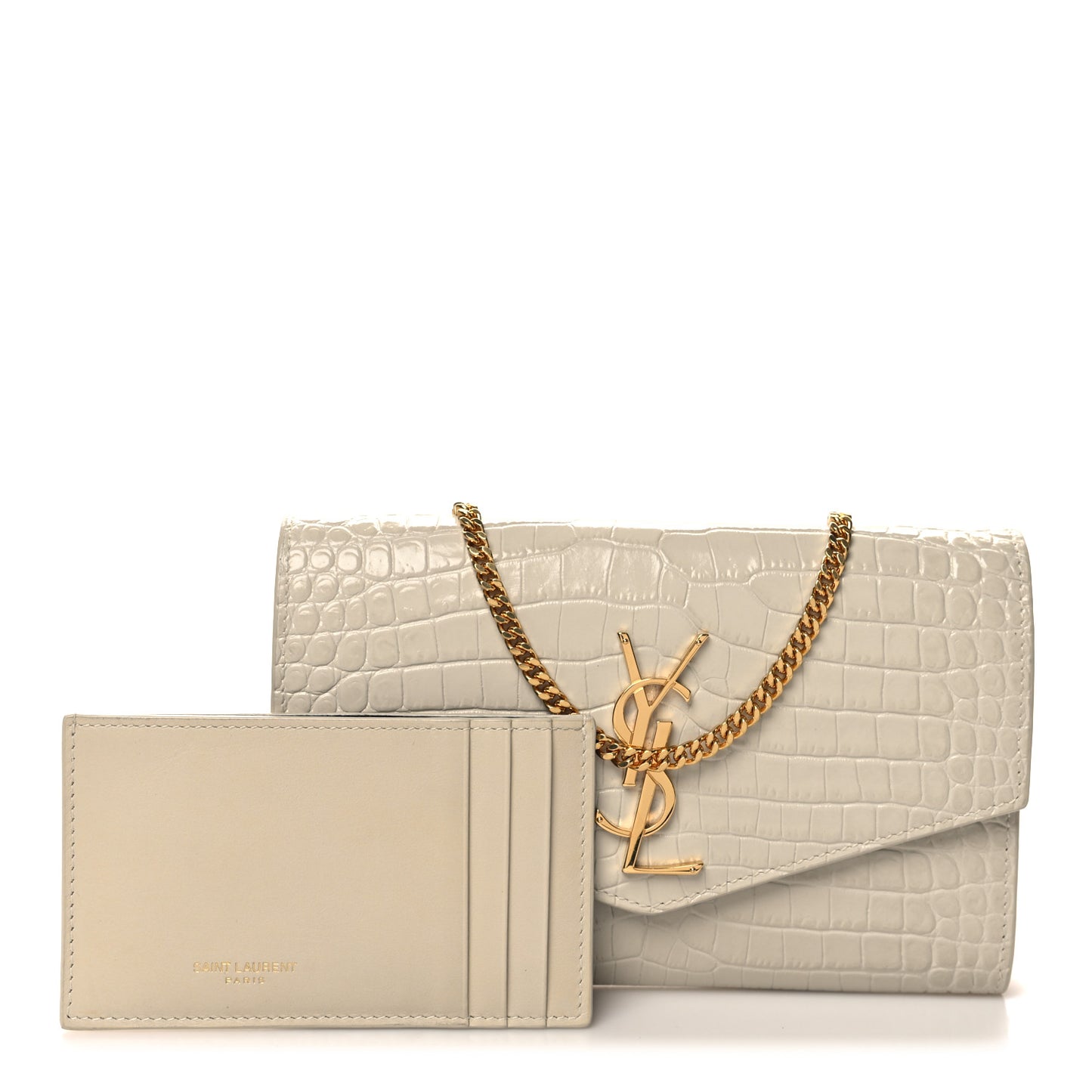 Calfskin Crocodile Embossed Monogram Uptown Chain Wallet Crema Soft