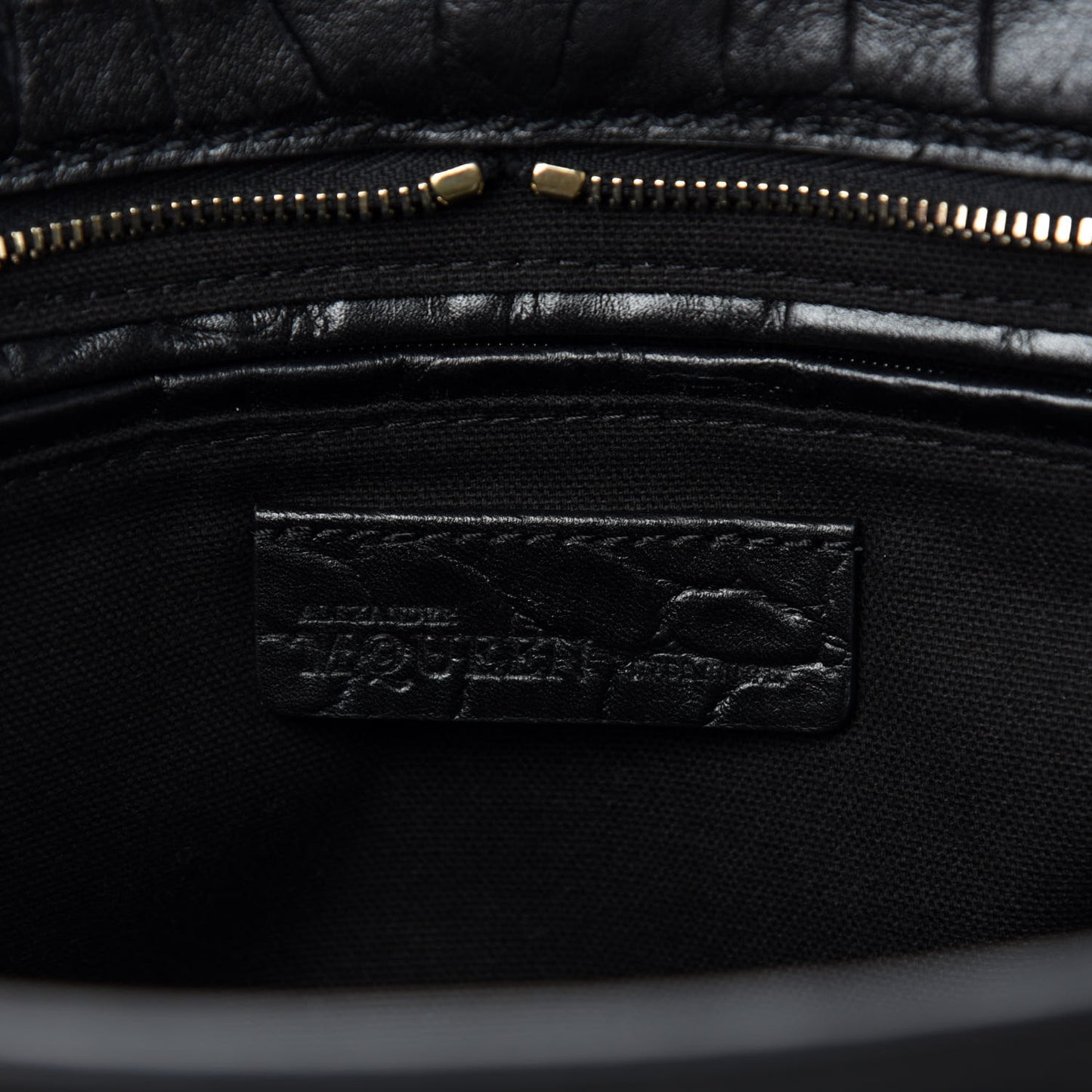 Calfskin Crocodile Embossed Small Skull Padlock Zip Around Tote Black