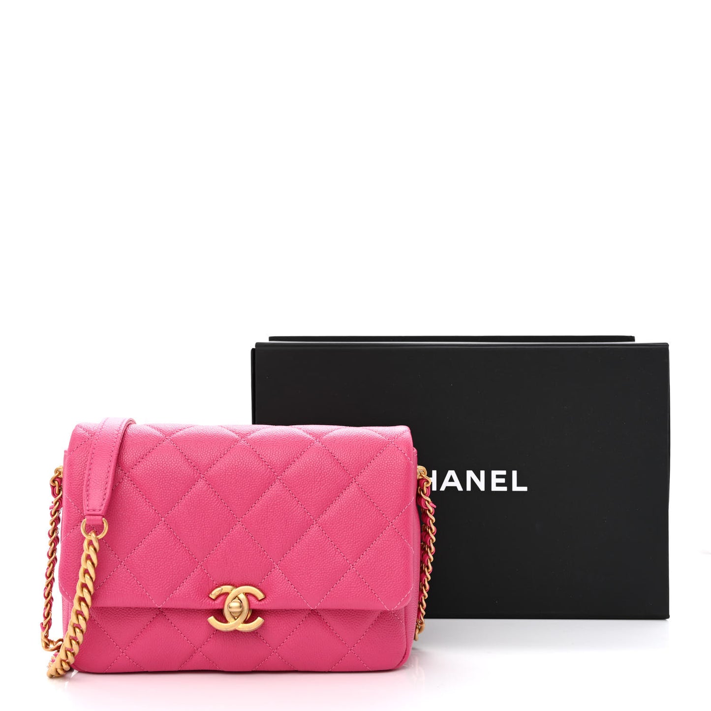 Shiny Caviar Quilted Small Chain Melody Flap Dark Pink