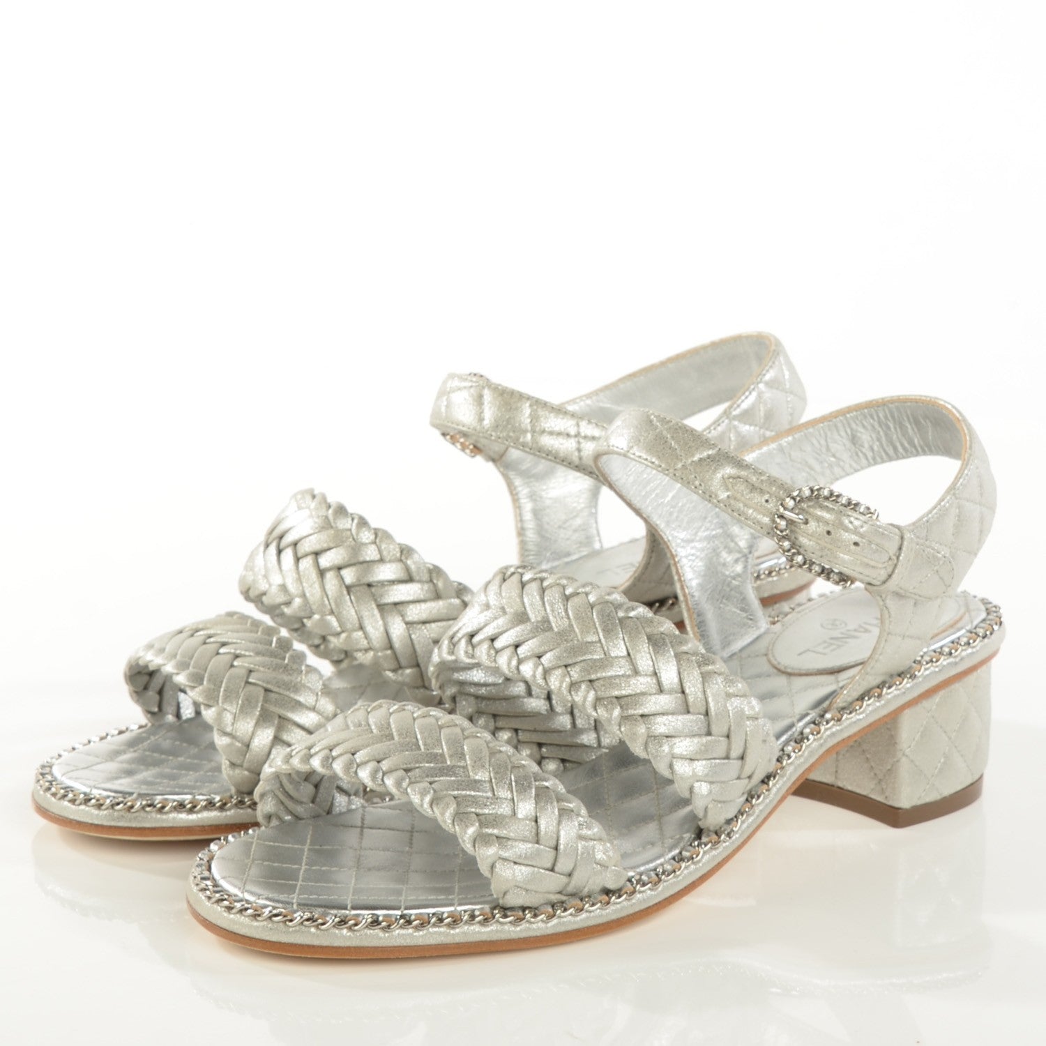 Chanel Metallic Goatskin Quilted Chain Sandals 37 Silver 3 of 8