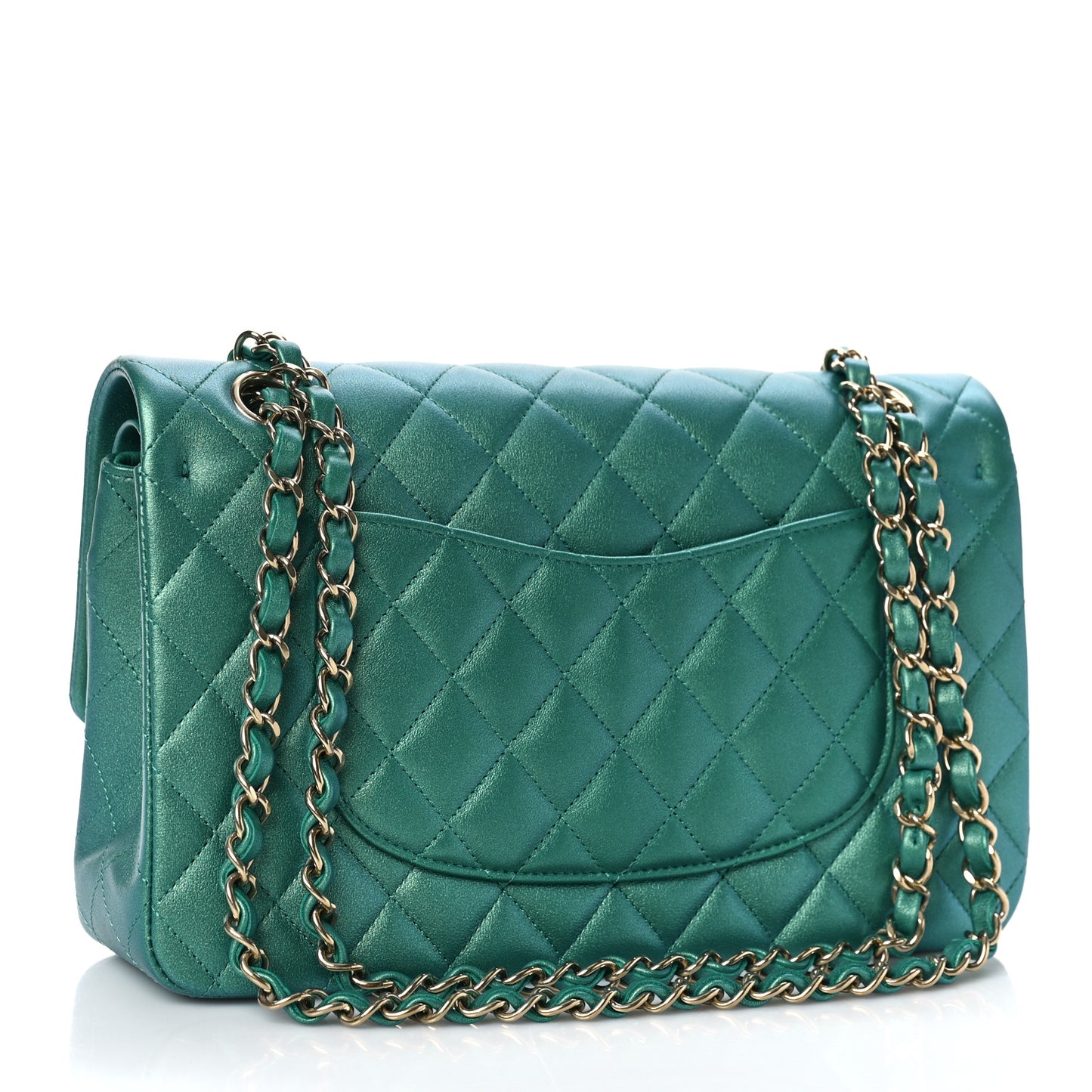 Iridescent Calfskin Quilted Medium Double Flap Green