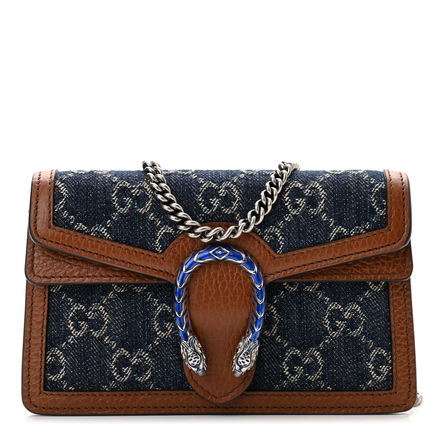 New Denim GG Monogram Dollar Calfskin Enamel Super Mini Dionysus Shoulder Bag Blue Tea Cuir Epilog Electric Blue