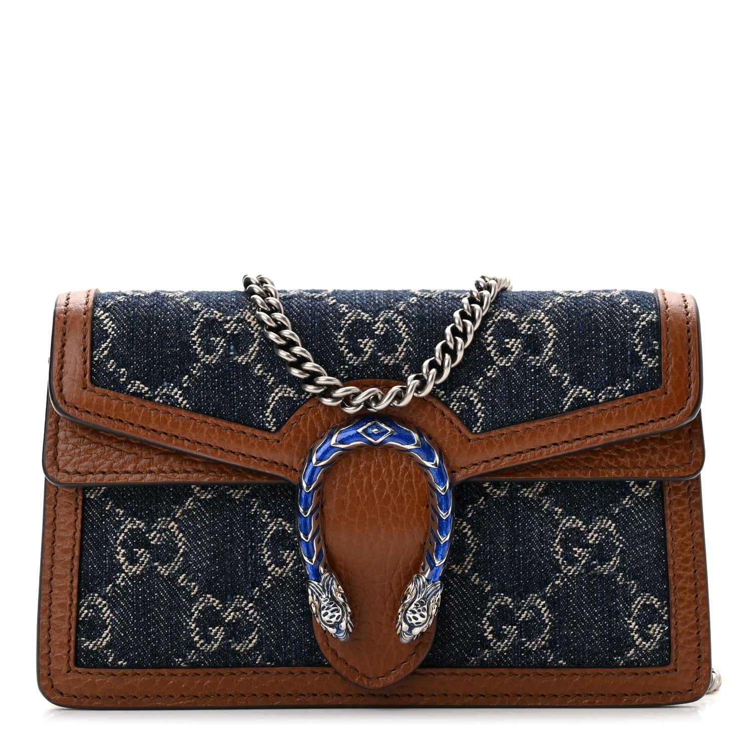Gucci New Denim GG Monogram Dollar Calfskin Enamel Super Mini Dionysus Shoulder Bag Blue Tea Cuir Epilog Electric Blue 1 of 8