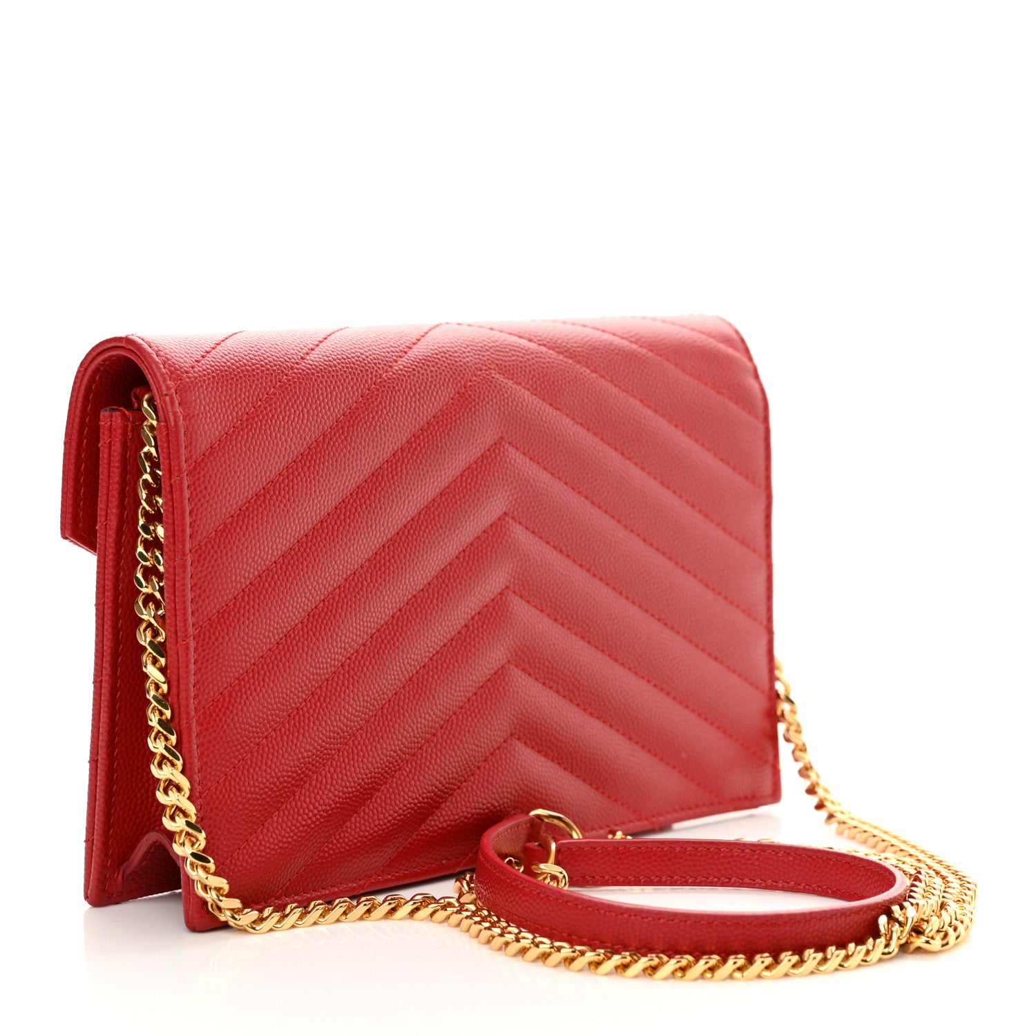 Saint Laurent Grain De Poudre Matelasse Chevron Monogram Envelope Chain Wallet  New Red 3 of 14