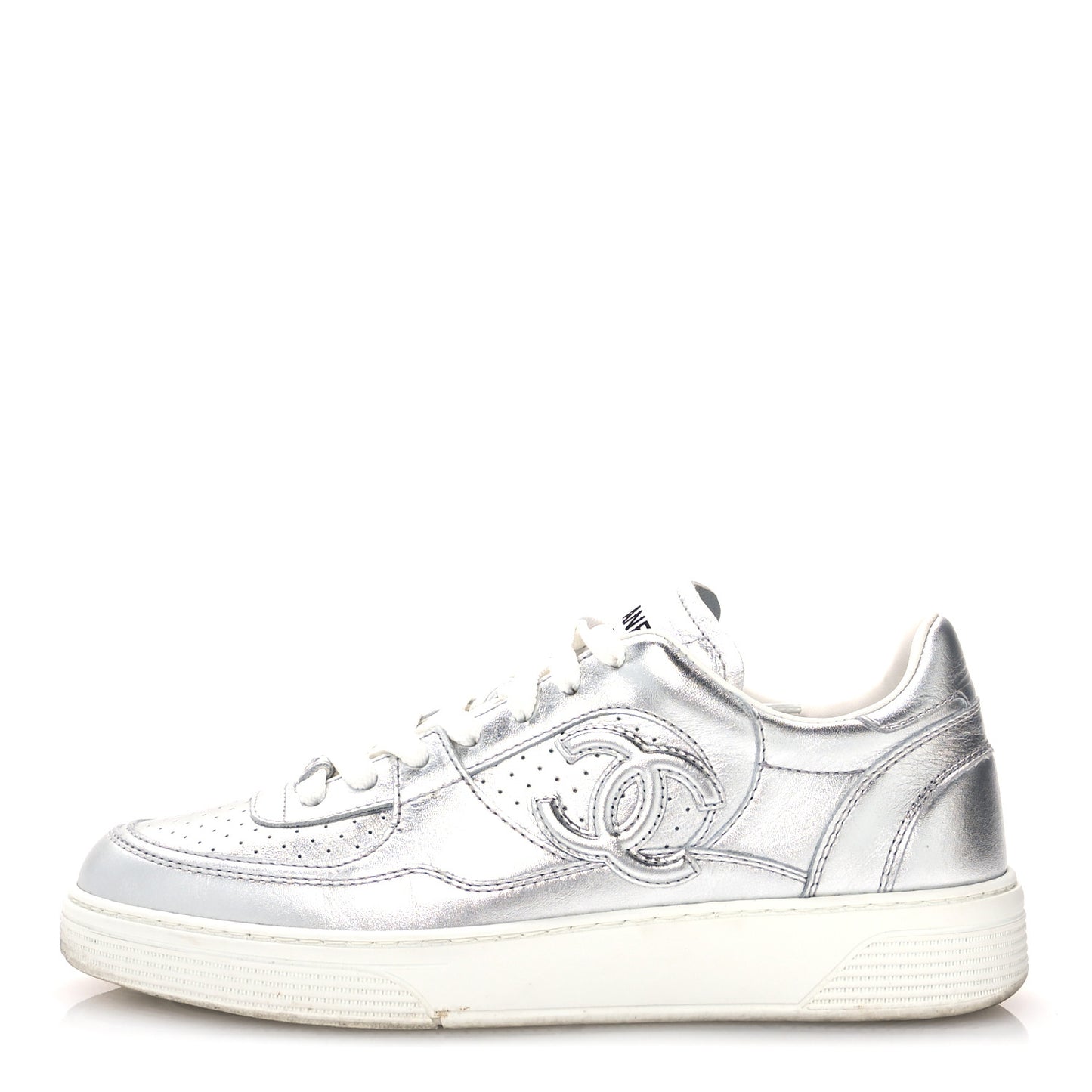 Laminated Calfskin CC Womens Sneakers 38.5 Silver