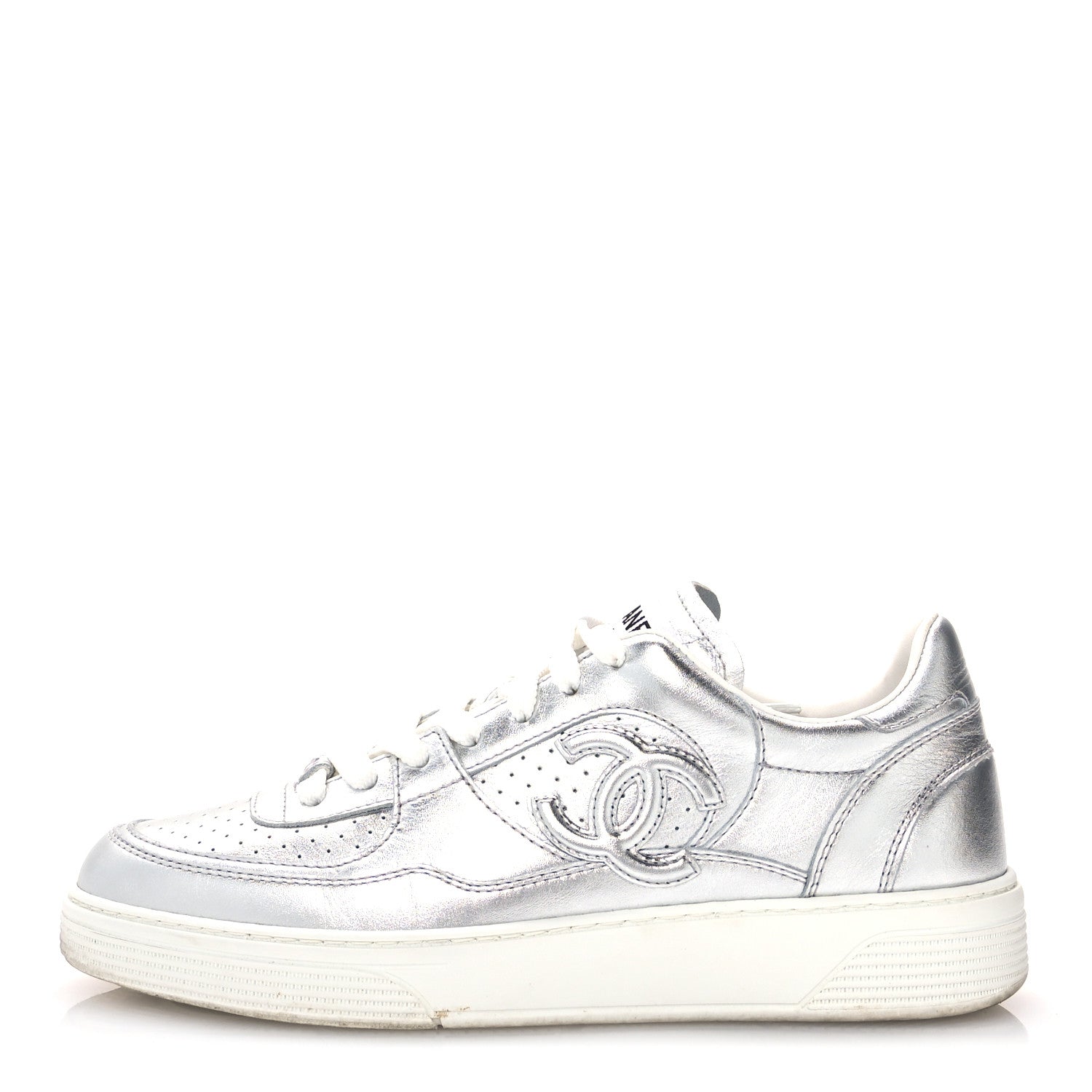 Chanel Laminated Calfskin CC Womens Sneakers 38.5 Silver 1 of 9
