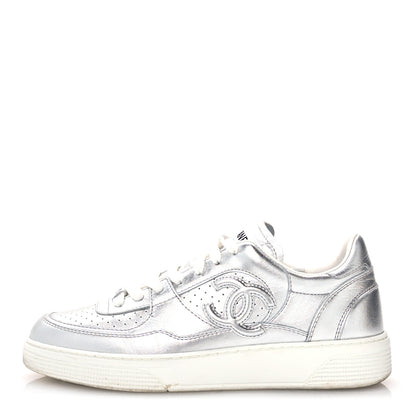 Chanel Laminated Calfskin CC Womens Sneakers 38.5 Silver 1 of 9