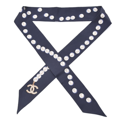 Chanel Silk Pearl CC Slim Bandeau Scarf Navy 1 of 2