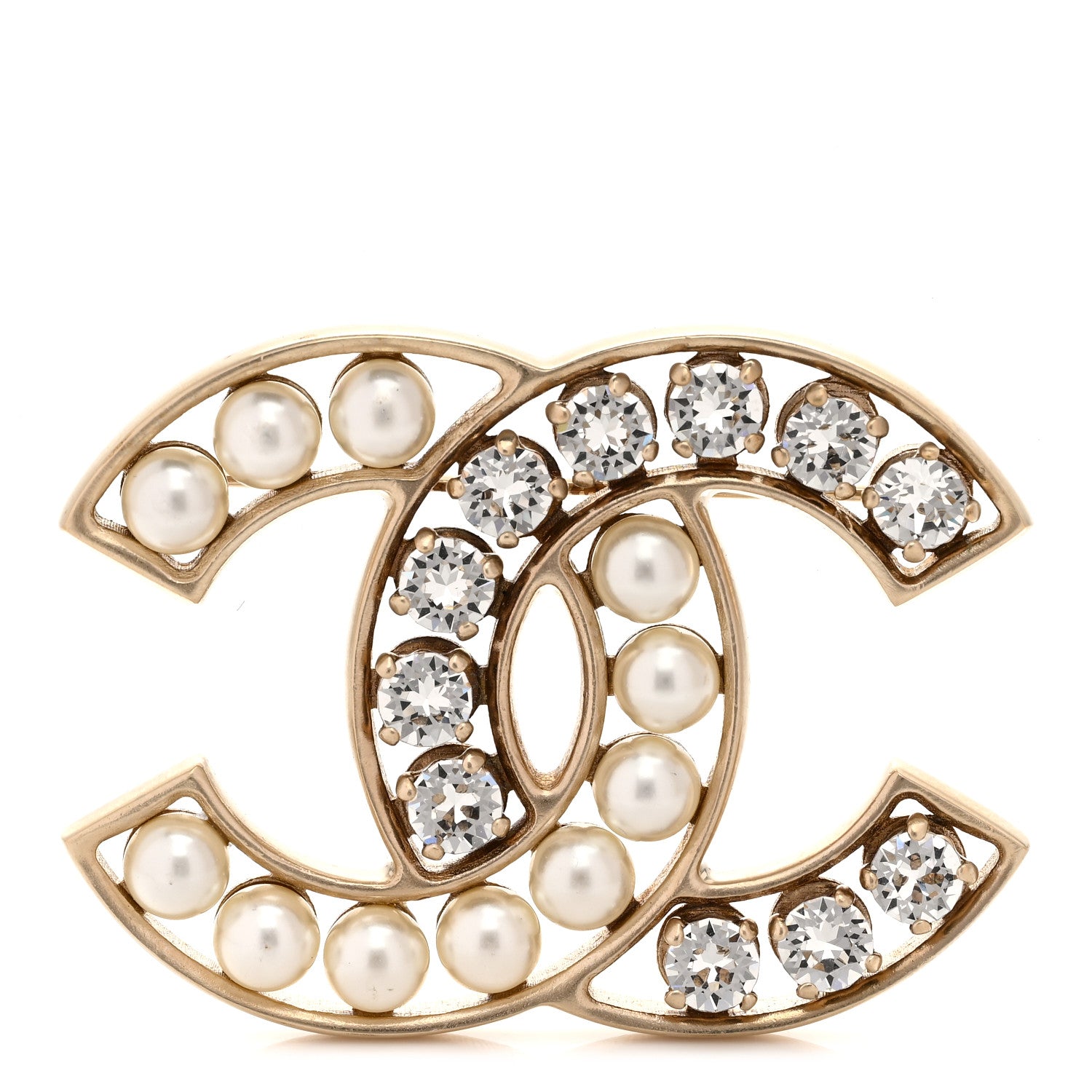 Chanel Pearl Crystal CC Brooch Gold Pearly White 1 of 3