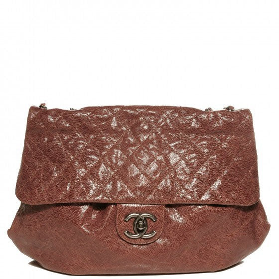 Grained Calfskin Quilted Maxi Elastic Flap Brown