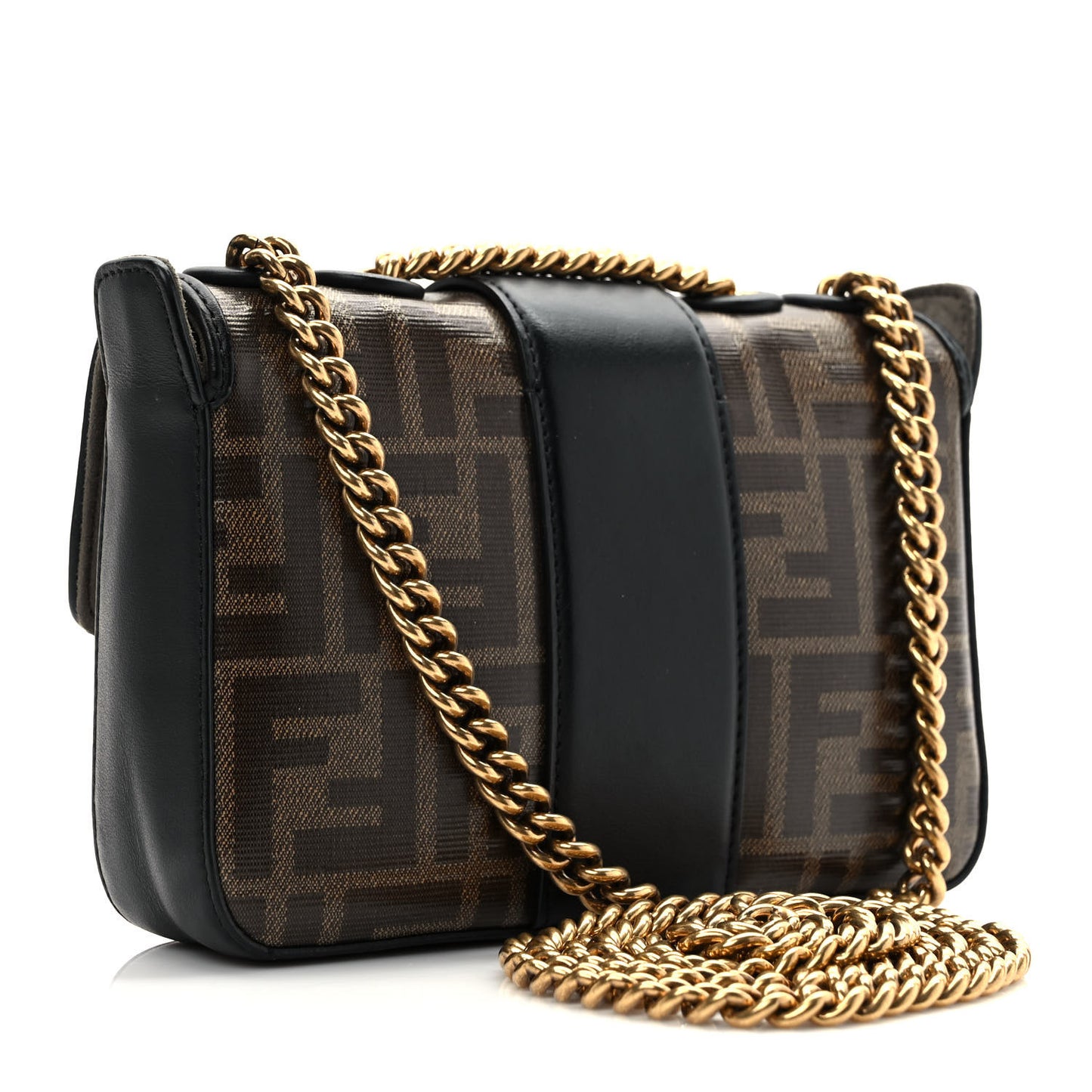 Glazed Fabric Vitello Century FF 1974 Stamp Patch Mini Double F Crossbody Bag Mogano Panna Black