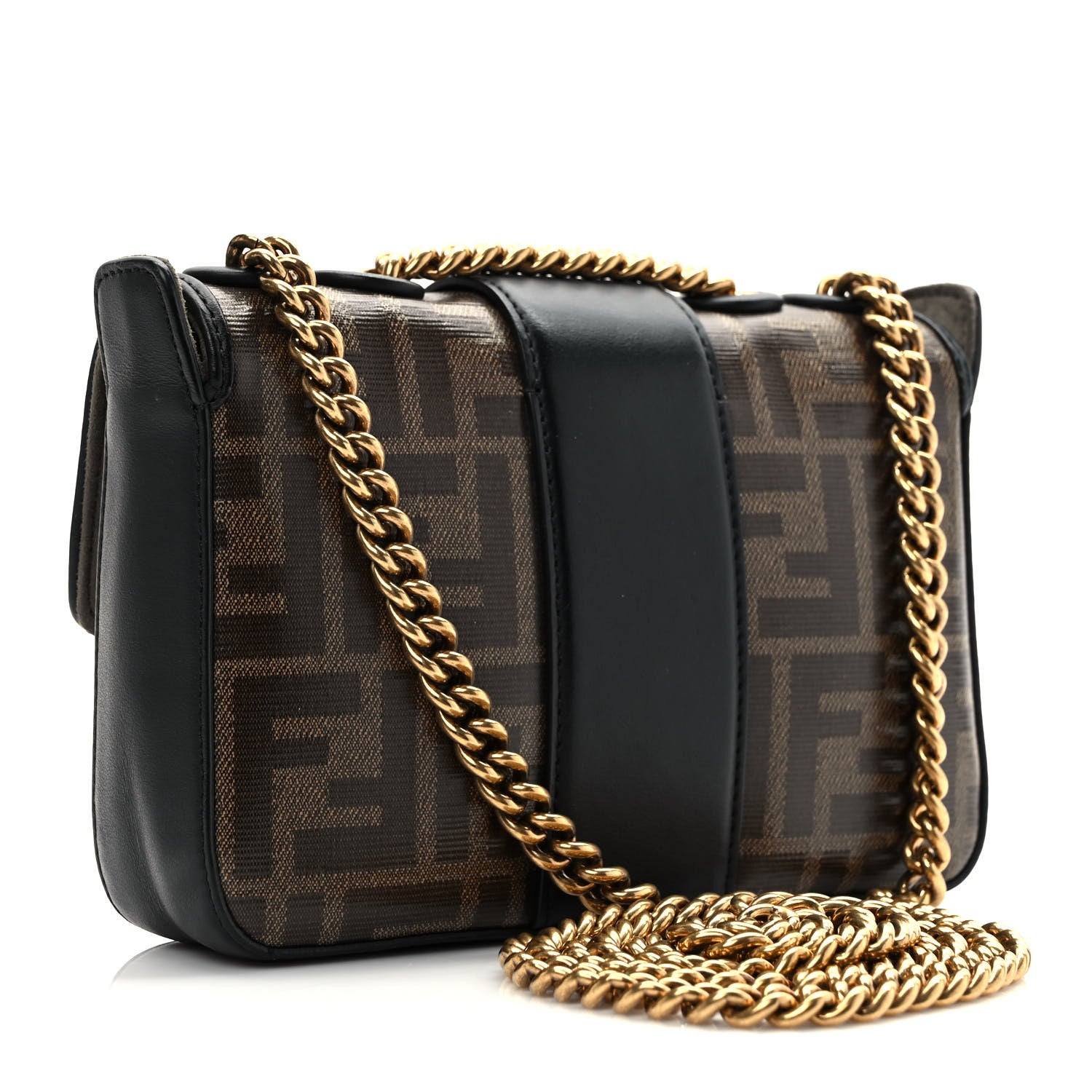 Fendi Glazed Fabric Vitello Century FF 1974 Stamp Patch Mini Double F Crossbody Bag Mogano Panna Black 3 of 9
