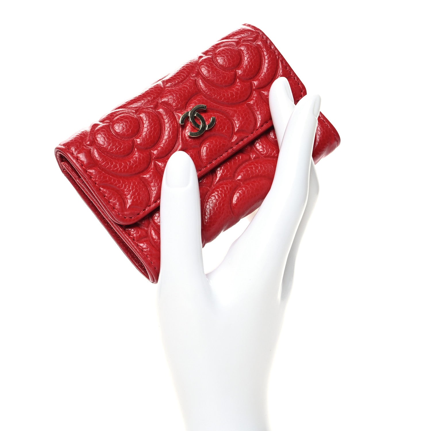 Chanel Caviar Camellia Embossed Card Holder Wallet Red 2 of 9