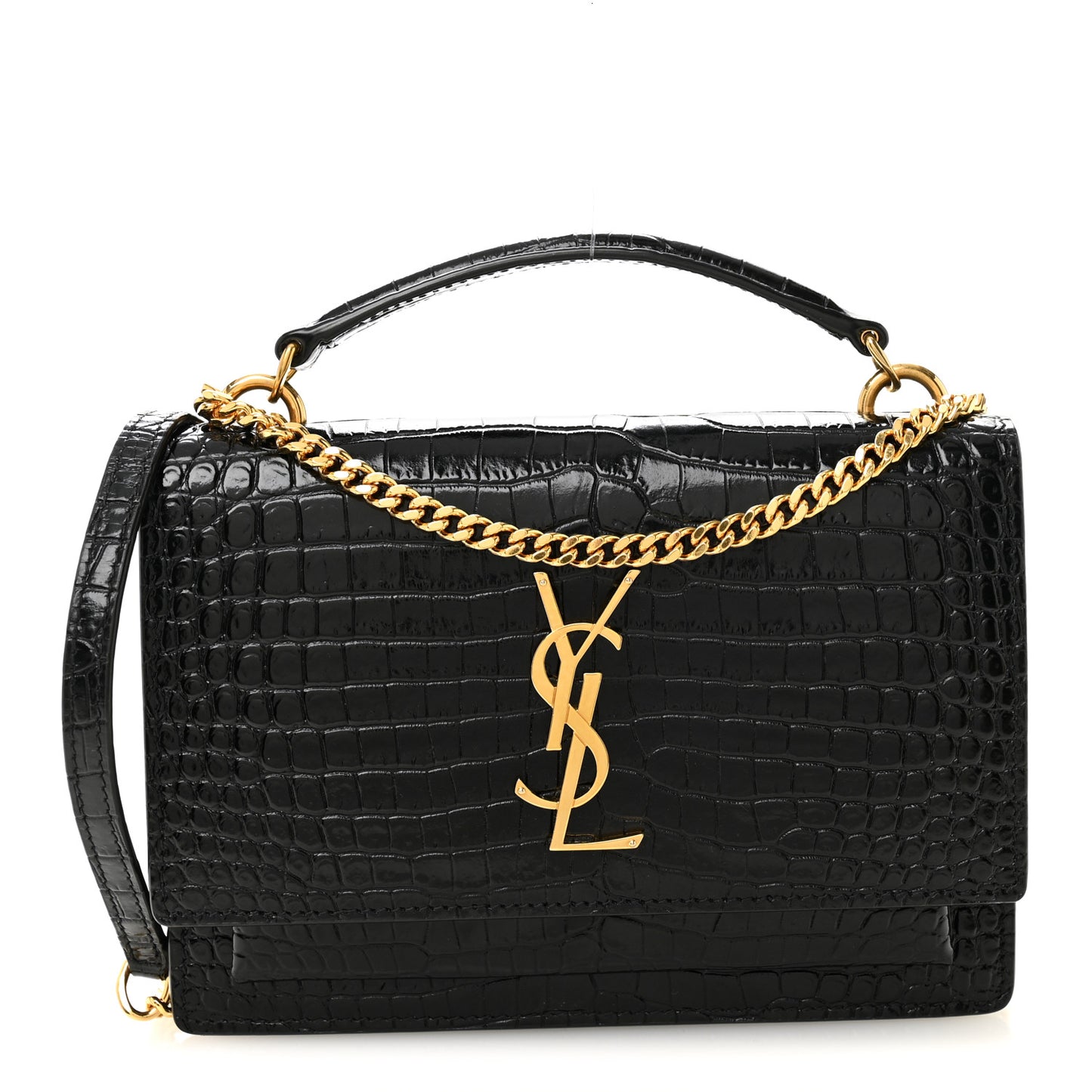 Calfskin Crocodile Embossed Monogram Sunset Top Handle Chain Wallet Black