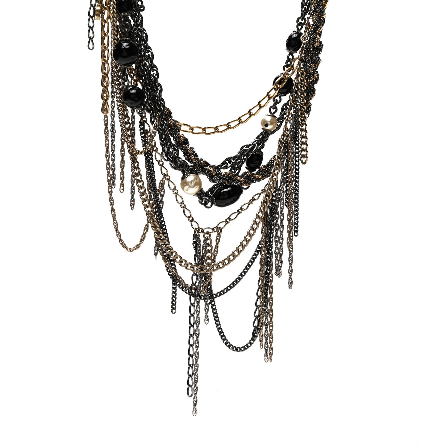 Pearl Bead Chain CC Multi Strand Necklace Gold Ruthenium Black