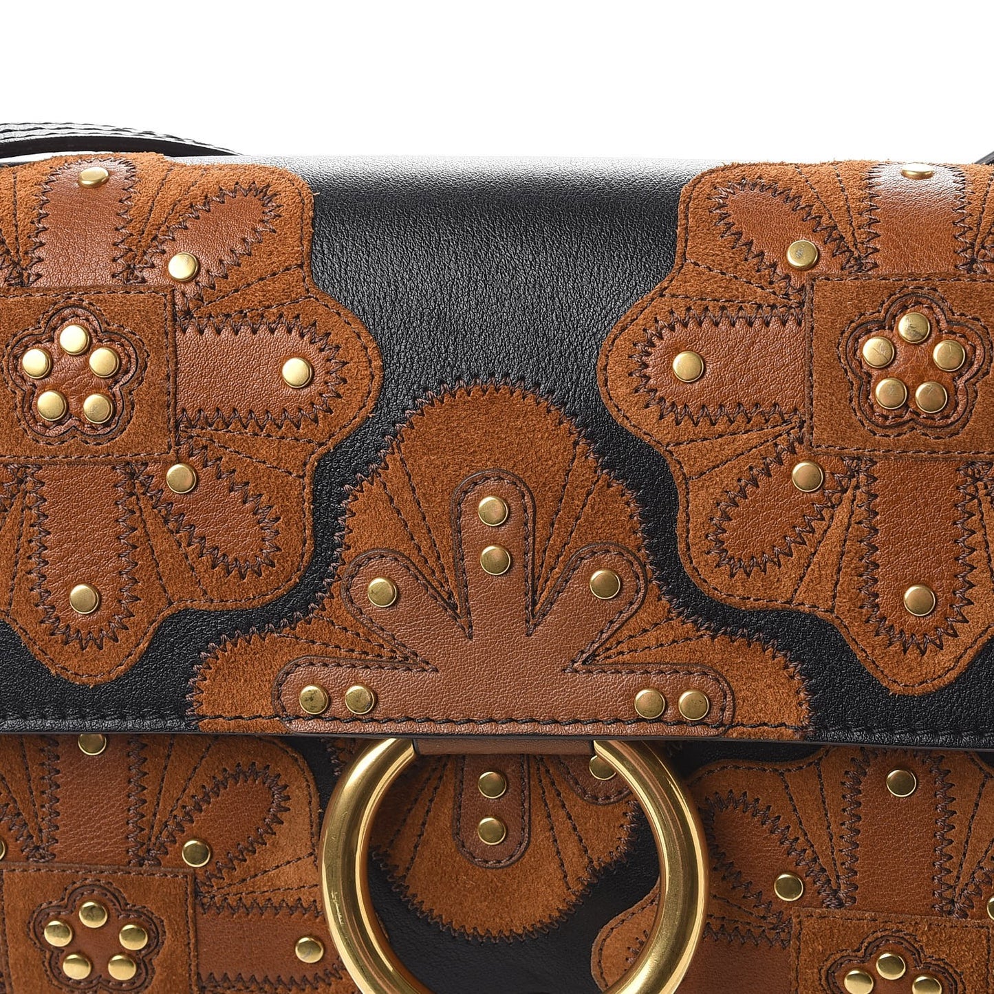 Suede Calfskin Floral Patchwork Studded Small Faye Shoulder Bag Black Brown