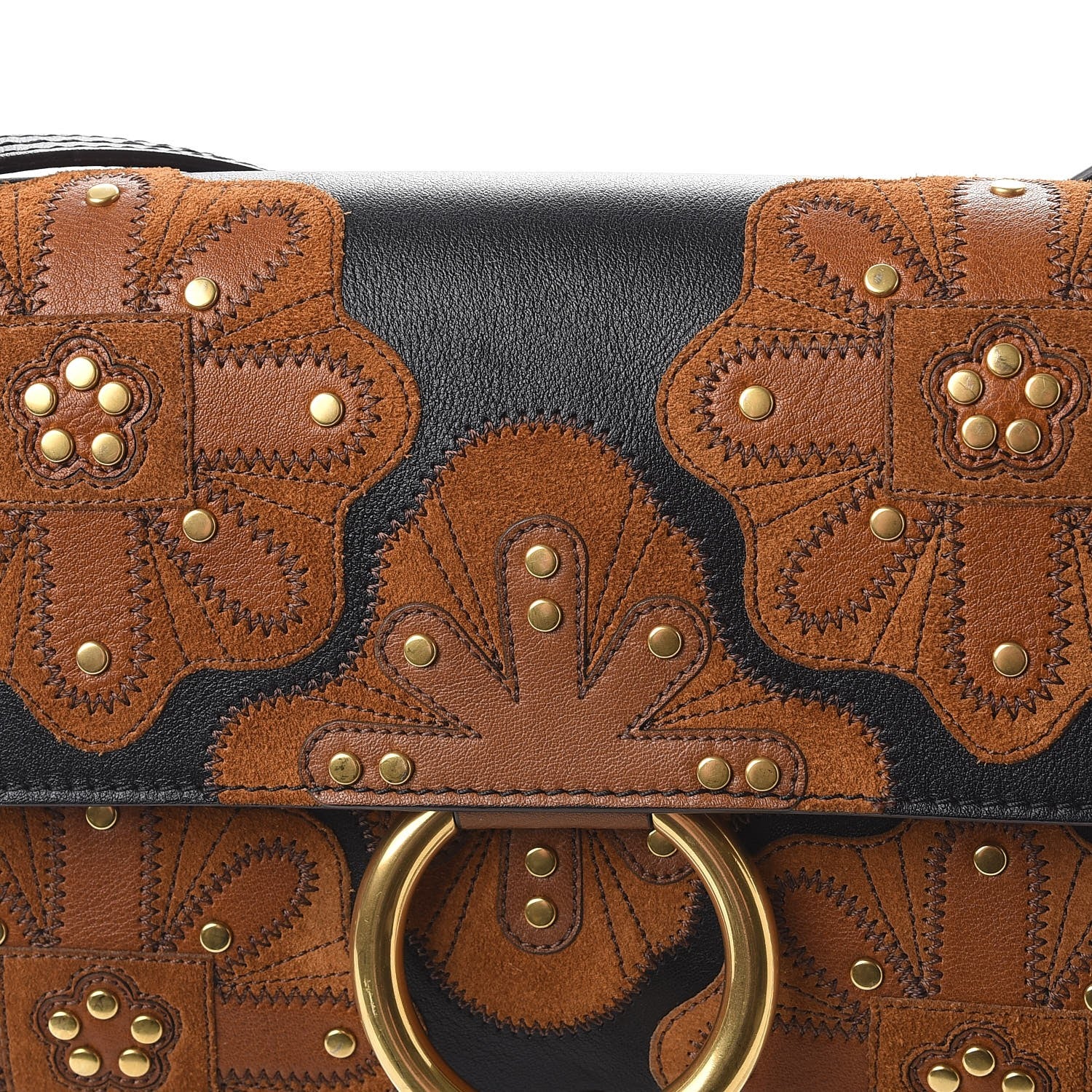 Chloe Suede Calfskin Floral Patchwork Studded Small Faye Shoulder Bag Black Brown 8 of 8