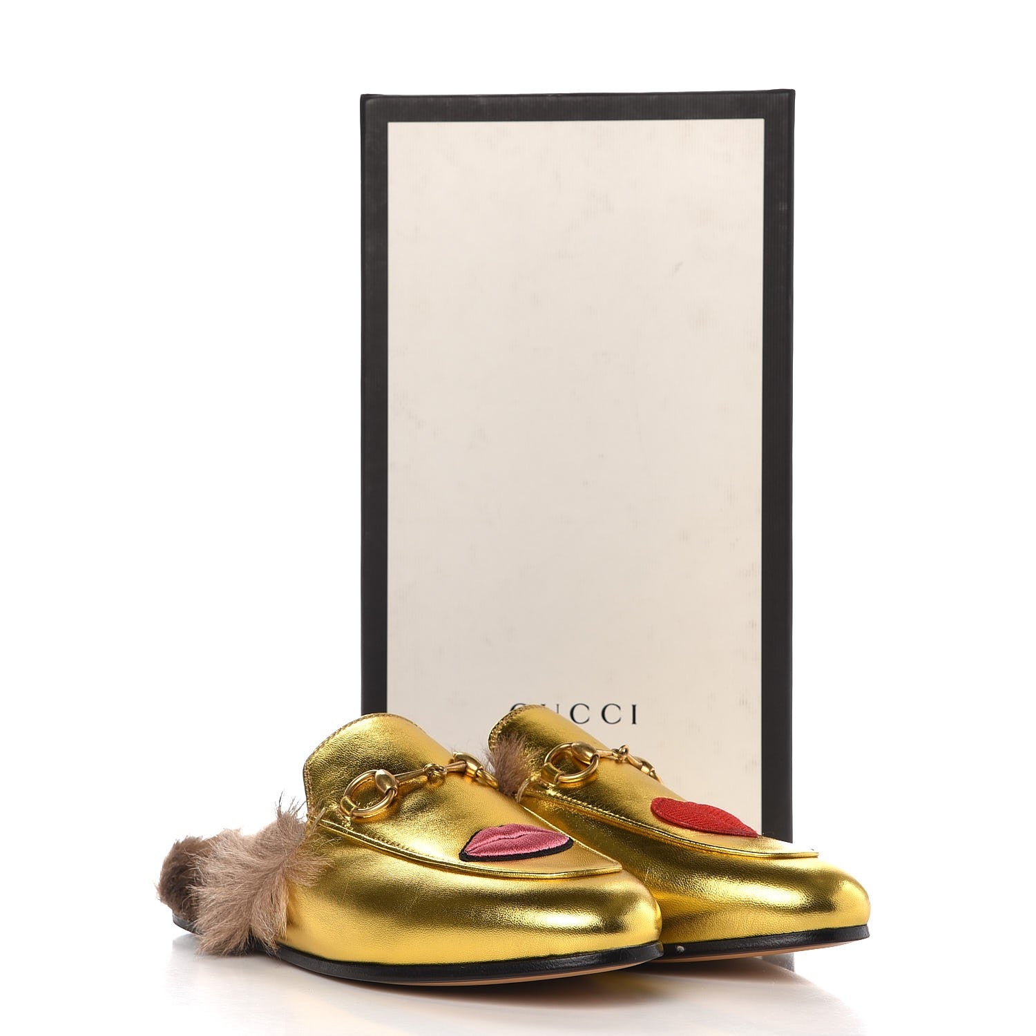 Gucci Metallic Nappa Fur Heart and Lips Womens Princetown Slippers 35 Gold 8 of 8