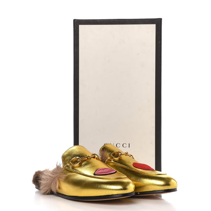 Gucci Metallic Nappa Fur Heart and Lips Womens Princetown Slippers 35 Gold 8 of 8
