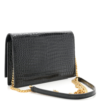 Saint Laurent Calfskin Crocodile Embossed Kate Monogram Tassel Chain Wallet Black 3 of 11
