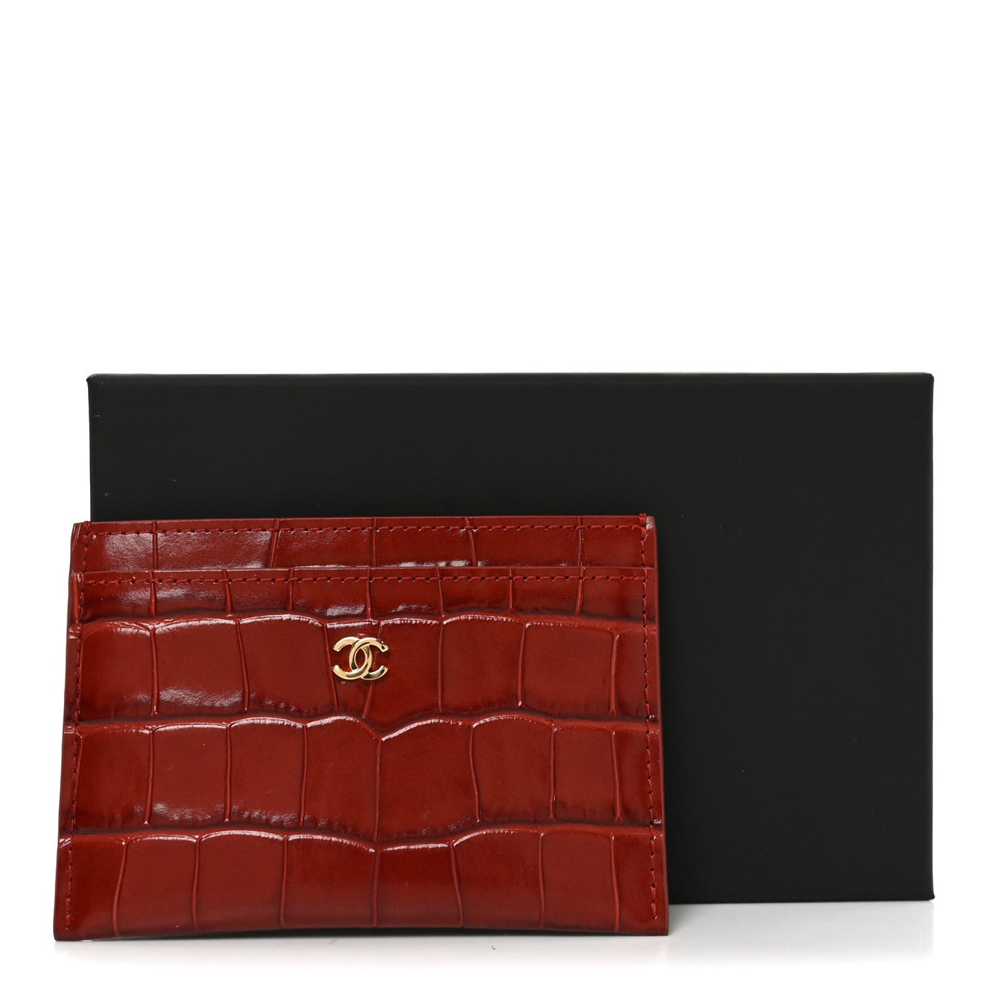 Calfskin Crocodile Embossed Crococo Card Holder Burgundy