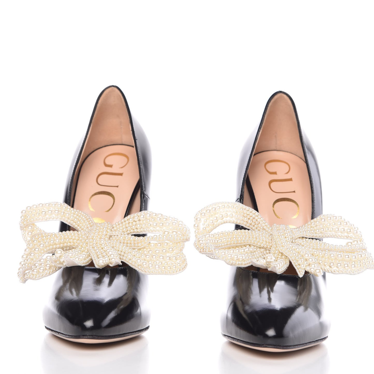 Polished Calfskin Removable Pearly Bow Elaisa Platform High Heel Pumps 36 Black